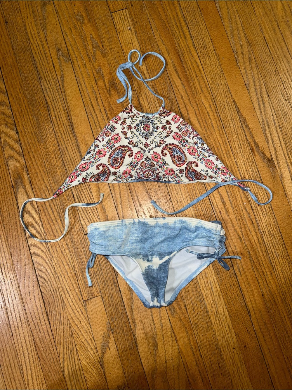Billabong reversible Paisley Halter Bikini Top with Light Blue Tie-Dye Bottoms